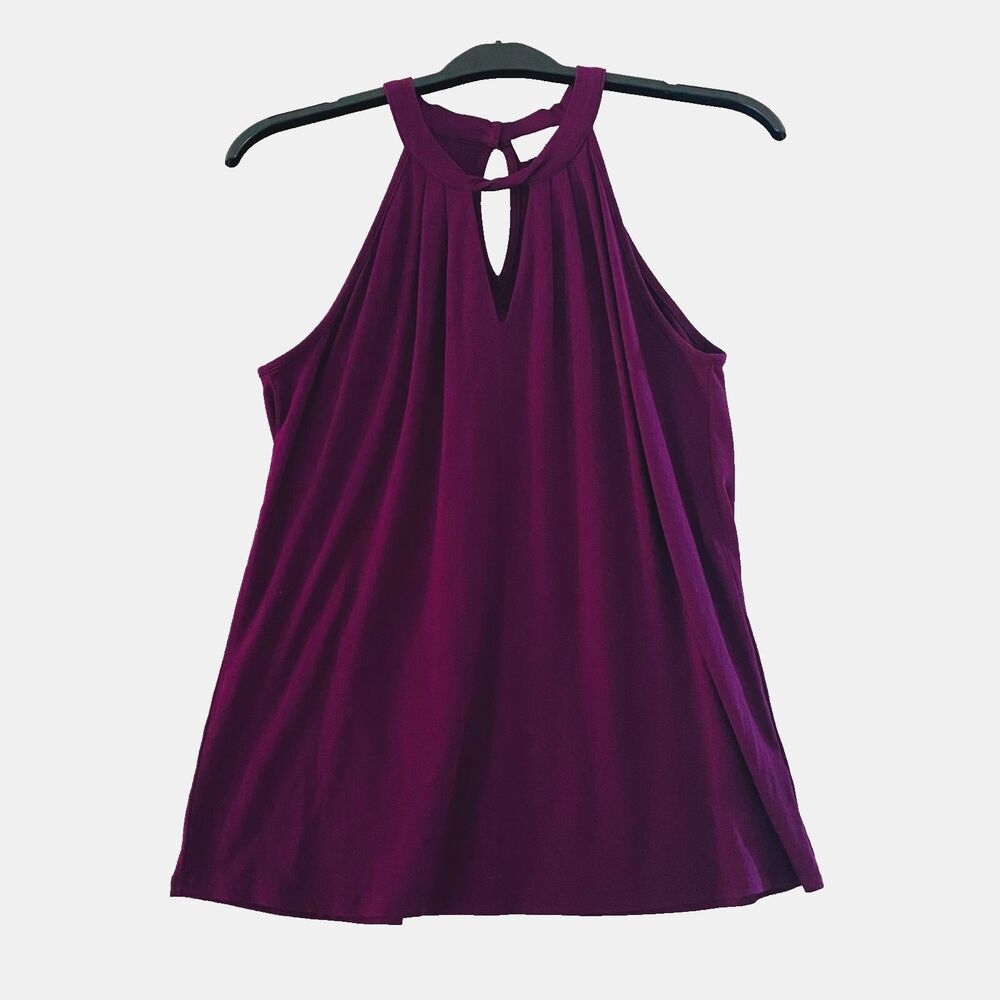 Fyve‎ Purple Tank Top Halter  Keyhole Front Size M  Button Closure Stretch